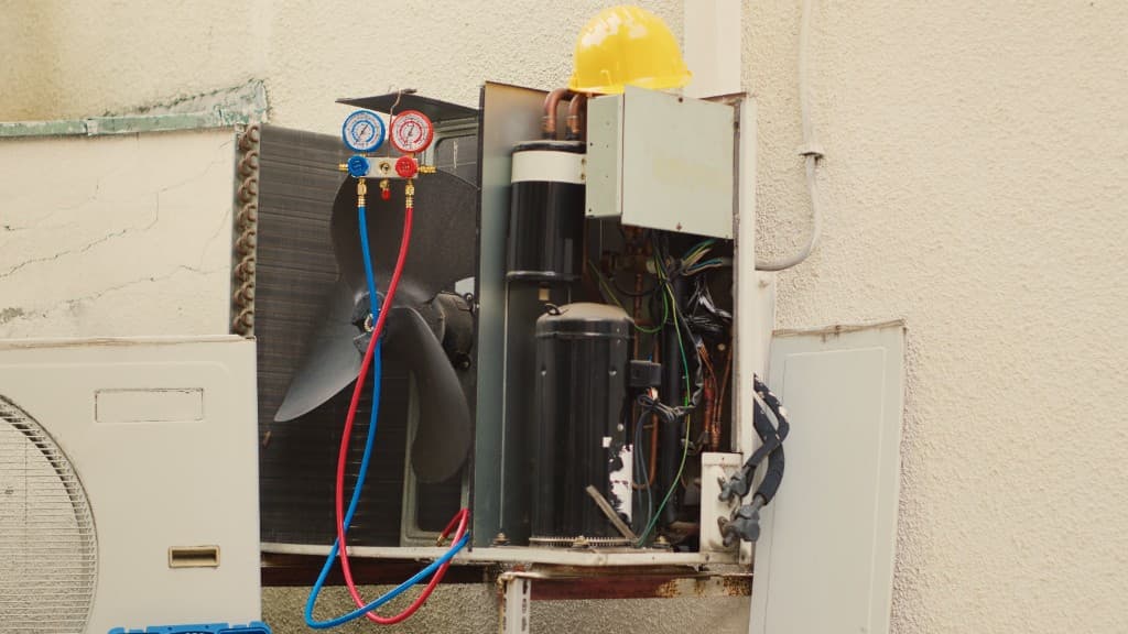HVAC condenser unit being serviced by technician in Austin area